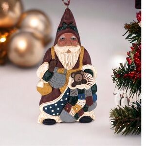 NEW Paul F. Bollinger Patchwork Santa Hanging Ornament Resin Wood